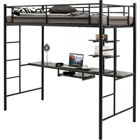 COSTWAY Hochbett mit Schreibtisch, Etagenbett mit 2 Leitern, Stockbett aus Metall, Bettrahmen für Teenager und Erwachsene (Schwarz)