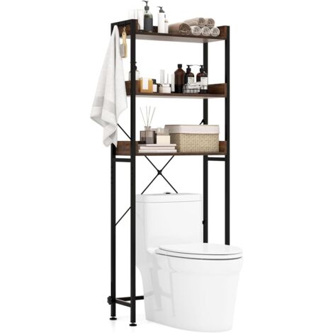 COSTWAY 3-stufiges Toilettenregal, Badregal platzsparend, Waschmaschinenregal mit 4 Haken & verstellbaren Füßen, Badezimmerregal für über die Toilette, WC-Regal für Badezimmer (Braun)