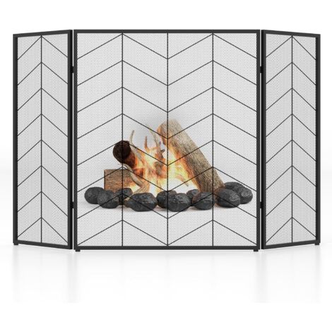 COSTWAY Kaminschutzgitter, 3-teilige Faltbare Kamingitter, Kamin Funkenschutz, Kaminzaun mit stabilem Metallrahmen, Kaminfunkenschutz, Funkenschutzgitter, schwarz, 132 x 79 cm Fischgrätenmuster
