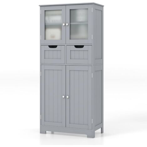 COSTWAY Badschrank mit 2 Schubladen und 4 Türen, Badezimmerschrank mit verstellbaren Regalen, Badkommode Aufbewahrungsschrank für Badezimmer, Küche, Wohnzimmer Grau
