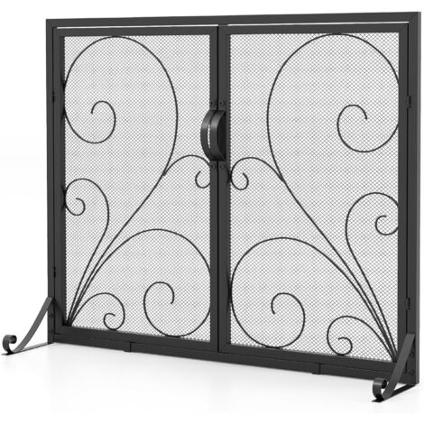COSTWAY Kaminschutzgitter mit Doppeltüren, Kamingitter mit stabilen Stützhalterungen hinten & vorne, Kamin Funkenschutz, Kaminzaun, Kaminfunkenschutz, Funkenschutzgitter, schwarz, 96 x 78 cm