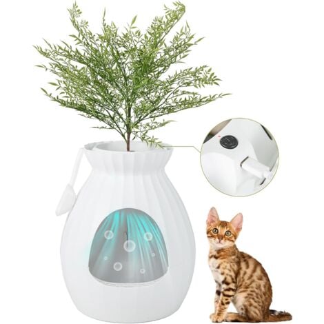 COSTWAY Katzentoilette, intelligente Geruchsentfernung & Sterilisation  Blumentopf-Stil  inkl. Türvorhang  63L, Katzenklo für Katzen, mit Kunstpflanze, Kieselsteinen & Schaufel, 50x50x59cm, Weiß