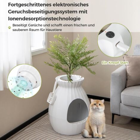 COSTWAY Katzentoilette, intelligente Geruchsentfernung & Sterilisation  Blumentopf-Stil  inkl. Türvorhang  63L, Katzenklo für Katzen, mit Kunstpflanze, Kieselsteinen & Schaufel, 50x50x59cm, Weiß