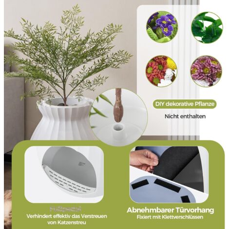 COSTWAY Katzentoilette, intelligente Geruchsentfernung & Sterilisation  Blumentopf-Stil  inkl. Türvorhang  63L, Katzenklo für Katzen, mit Kunstpflanze, Kieselsteinen & Schaufel, 50x50x59cm, Weiß