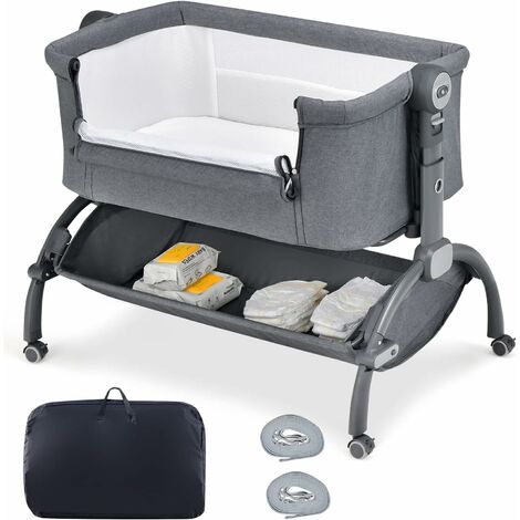 COSTWAY 3 in 1 Beistellbett & Babywiege & Stubenwagen, Reisebett Baby mit Matratze, Tragetasche, Aufbewahrungskorb 7 Fach höhenverstellbar, Babybett neigbar für Neugeborene bis 9 kg Belastbar (Grau)