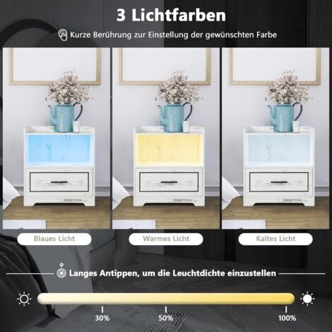 COSTWAY Nachttisch mit LED Licht, USB-Anschluss und Typ-C-Ladestation, Nachtschrank mit Bewegungssensor, Beistelltisch mit offenem Fach und Schublade, Nachtkommode für Schlafzimmer, Weiß