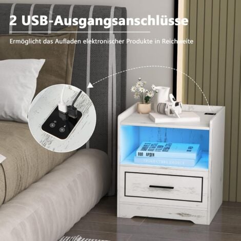 COSTWAY Nachttisch mit LED Licht, USB-Anschluss und Typ-C-Ladestation, Nachtschrank mit Bewegungssensor, Beistelltisch mit offenem Fach und Schublade, Nachtkommode für Schlafzimmer, Weiß