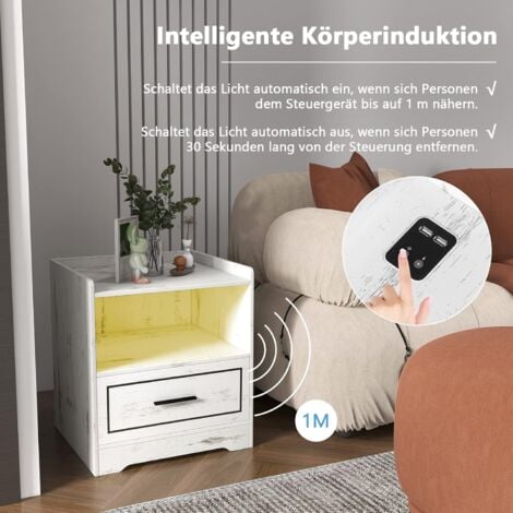 COSTWAY Nachttisch mit LED Licht, USB-Anschluss und Typ-C-Ladestation, Nachtschrank mit Bewegungssensor, Beistelltisch mit offenem Fach und Schublade, Nachtkommode für Schlafzimmer, Weiß