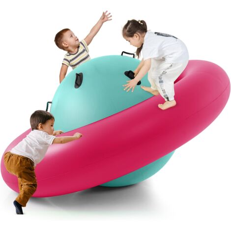 COSTWAY Aufblasbare Kuppelwippe für Kinder, 223 cm große Kinderwippe zum Rollen, Neigen, Klettern & Hüpfen mit 6 integrierten Griffen, Outdoor-Wippe für Kinder ab 5 Jahren Rosa + Grün