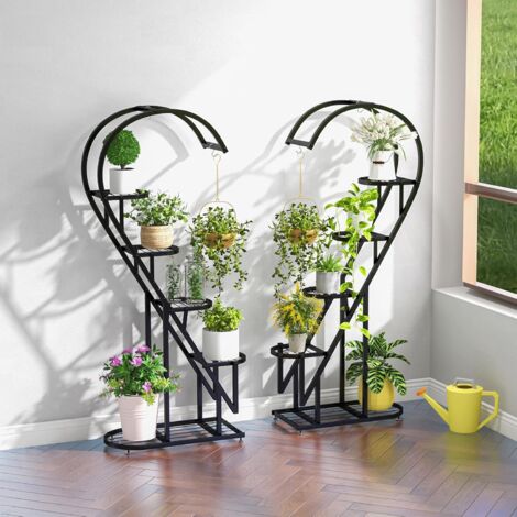 COSTWAY 5-stufiger Metall Pflanzenständer Herzförmig, Blumenregal mit Haken, Leiter Pflanzenregal Kippschutz, Pflanzenleiter Blumenständer, für Garten Balkon Wohnzimmer Schwarz (1/5)