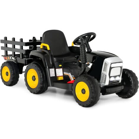 COSTWAY 12V 3-Gang Traktor mit abnehmbarem Anhänger und 2,4G Fernbedienung, Kinder Aufsitztraktor mit LED Lichtern, Musik, Hupe & USB Funktionen, geeignet für Kinder ab 3 Jahren Schwarz