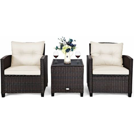 COSTWAY 3-TLG. Polyrattan Lounge Set, Gartenmöbel Rattan Sitzgruppe mit Sitzkissen & Couchtisch, Rattantisch und Stühle, Gartenset BalkonMöbel-Setfür In-&Outdoor, beige (1/5)