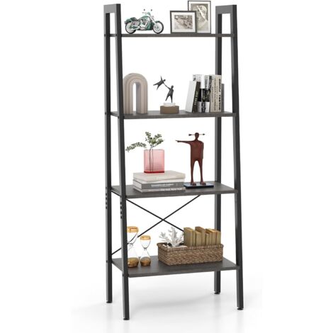 COSTWAY Bücherregal, Regal mit 4 Ebenen, Leiterregal Holz, mit Kippsicherungen & verstellbaren Fußpolstern, Metallrahmen, für Wohnzimmer, Arbeitszimmer & Büro Dunkelbraun (1/5)