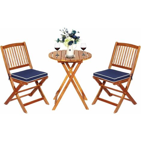 COSTWAY 3-TLG. Terrassenmöbel-Set, Gartenmöbel-Set klappbar mit Rundem Tisch & 2 Stühlen, Ergonomische Sitzgarnitur aus Akazienholz mit 2 Kissen, Bistroset für Balkon Garten Terrasse Hinterhof Blau (1/5)