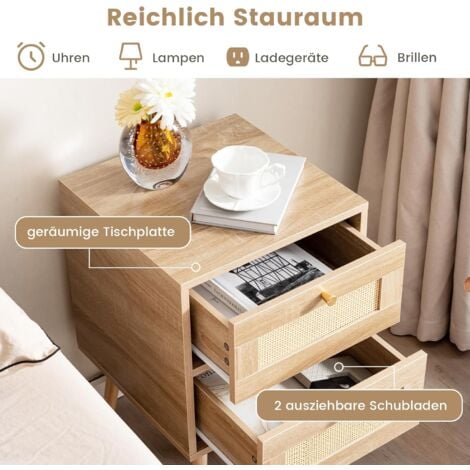 COSTWAY Nachttisch Rattan, Nachtschrank mit 2 Schubladen und Massivholzbeinen, Beistelltisch, Nachtkommode im Boho-Stil, Sofatisch für Schlafzimmer, Wohnzimmer, Eiche, 40 x 40 x 59 cm