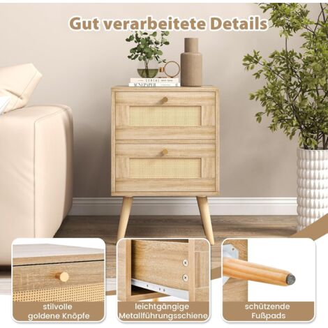COSTWAY Nachttisch Rattan, Nachtschrank mit 2 Schubladen und Massivholzbeinen, Beistelltisch, Nachtkommode im Boho-Stil, Sofatisch für Schlafzimmer, Wohnzimmer, Eiche, 40 x 40 x 59 cm