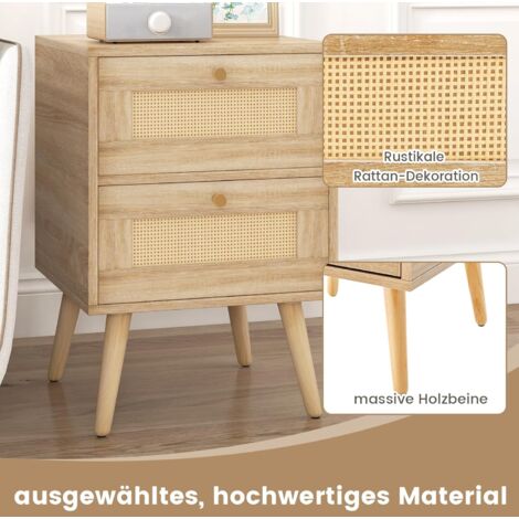 COSTWAY Nachttisch Rattan, Nachtschrank mit 2 Schubladen und Massivholzbeinen, Beistelltisch, Nachtkommode im Boho-Stil, Sofatisch für Schlafzimmer, Wohnzimmer, Eiche, 40 x 40 x 59 cm
