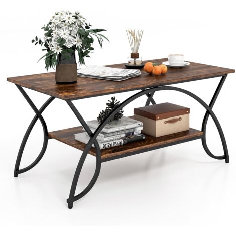 COSTWAY Couchtisch, Kaffeetisch mit Ablage und Metallgestell, Wohnzimmertisch, Beistelltisch, Sofatisch für Wohnzimmer, 100 x 50 x 45 cm (Vintagebraun-schwarz) (1/5)