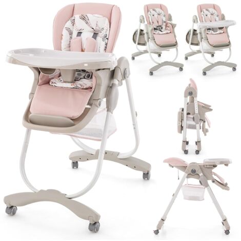COSTWAY Hochstuhl Baby klappbar, Babystuhl mit Liegefunktion, Rädern & Doppeltablett, Aufbewahrungstasche, Kinderhochstuhl mit verstellbarer Höhe, Fußstütze & Rückenlehne für 6–36 Monate Rosa