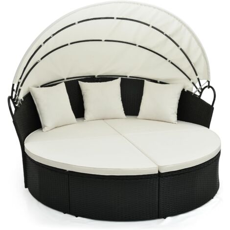 COSTWAY Rattan Sonneninsel mit einziehbarem Baldachin, 2-3 Personen Sonnenliege rund, Gartenliege inkl. Sitzkissen & Rückenkissen, Gartenlounge Terrassenmöbel für Garten, Hinterhof 187 x 180 x 157cm