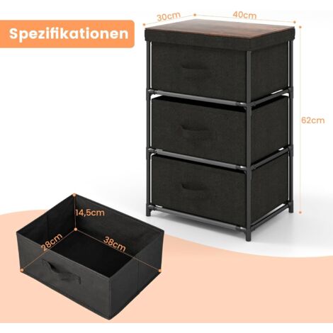 COSTWAY Nachttisch mit 3 Stoffschubladen, Beistelltisch mit Metallrahmen, Aufbewahrungsschrank Stoffkommode für Schlafzimmer, Wohnzimmer, Flur Schwarz