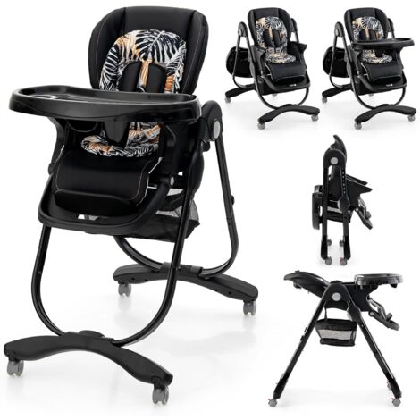 COSTWAY Hochstuhl Baby klappbar, Babystuhl mit Liegefunktion, Rädern & Doppeltablett, Aufbewahrungstasche, Kinderhochstuhl mit verstellbarer Höhe, Fußstütze & Rückenlehne für 6–36 Monate Schwarz