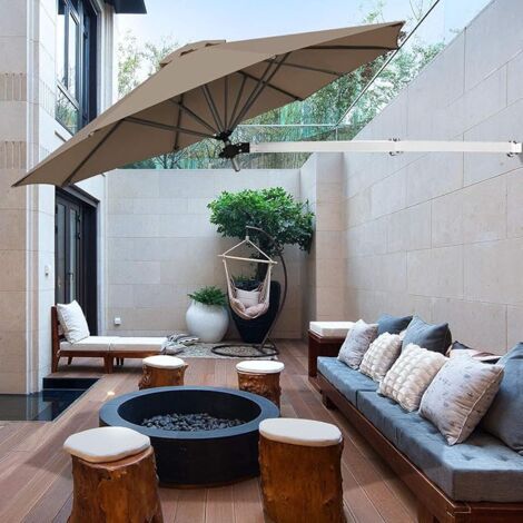 COSTWAY Ø 247cm Sonnenschirm für die Wand, Wandschirm kippbar, Balkonschirm mit verstellbarer Aluminiumstange, wandmontierter Gartenschirm für Garten, Balkon, Hof, Braun