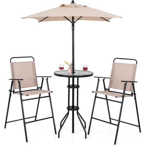 COSTWAY Bistrotisch mit 2 klappbaren Stühlen und Sonnenschirm, 4-teilige Balkonmöbel, Balkonset, Gartenmöbel Set, Sitzgarnitur, Sitzgruppe, Gartengarnitur für Garten, Balkon, Poolbereich, Beige (1/5)