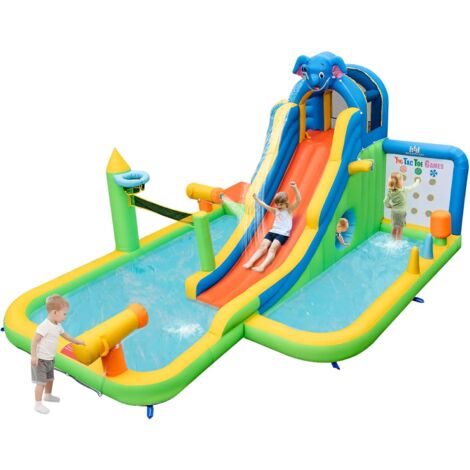 COSTWAY Hüpfburg mit Trocken-/Wasserrutsche, Kletterwand, Planschbecken, Wasserkanonen, Ringwurfspiel, Volleyballfeld, Basketballkorb, Bouncy Castle für Kinder, 469 x 378 x 250 cm