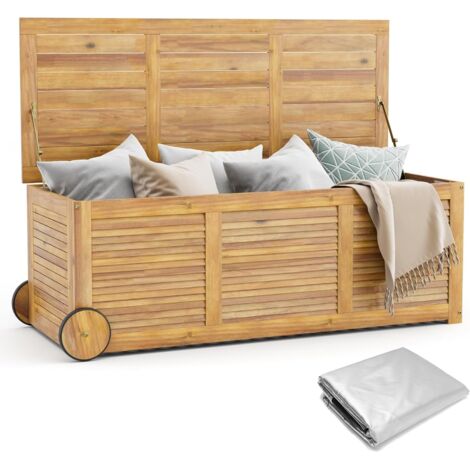 COSTWAY Gartenbox Holz, Auflagenbox mit Rollen, Aufbewahrungsbox mit wasserdichter 2-in-1-Abdeckung und Griff, Kissenbox, Gartentruhe für Garten, Balkon, 127 x 50 x 45 cm