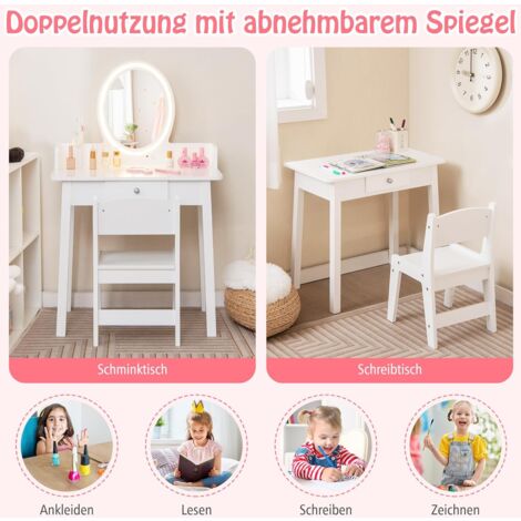 Table De Maquillage Et Coiffure Pour Enfant Avec Tabouret Et Miroir Amovible - Costway - Neuf