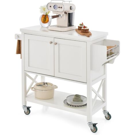 COSTWAY Küchenwagen auf Rollen, Servierwagen mit Schrank & Ablage, Rollwagen mit Handtuchhalter & Gewürzregal, Kücheninselwagen Landhausstil, Küchenschrank Holz, für Küche & Bar, 100x38x87cm, Weiß
