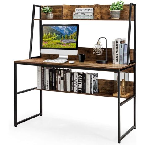 COSTWAY Schreibtisch mit Ablage, Computertisch aus Holz mit Metallrahmen & verstellbaren Fußpads, Arbeitstisch mit offenem Bücherregal, 120 x 57 x 140cm (Kaffee) (1/5)