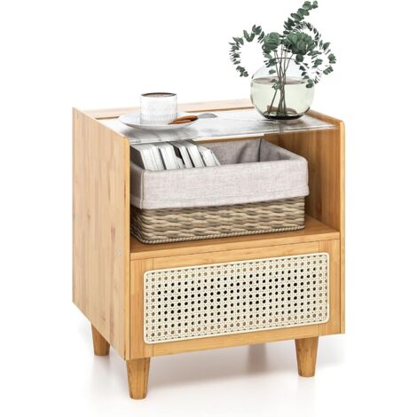 COSTWAY Nachttisch Rattan, Nachtschrank aus Bambus mit Schublade, Beistelltisch mit Glastischplatte und offenem Fach, Sofatisch, Boho-Nachtkonsole für Schlafzimmer, 43 x 35 x 50 cm, Natur (1/5)