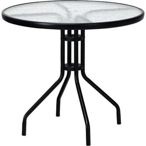 COSTWAY Gartentisch mit Tischplatte aus gehärtetem Glas, Terrassentisch mit Schirmloch und Metallrahmen, runder Balkontisch, Outdoor-Esstisch für Hof, Terrasse, Garten, 70 x 70 x 71 cm