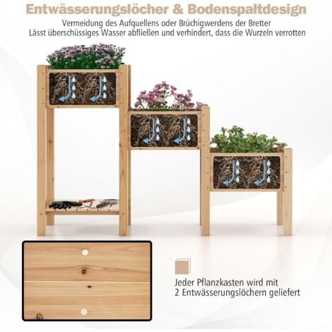 COSTWAY Hochbeet 3 Etagen, erhöhtes Gartenbeet mit Ablage, Pflanzkasten