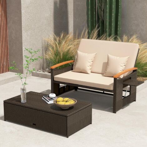 COSTWAY 3 in 1 Garten Doppelliege Tagesbett, Rattan Gartensofa mit 4