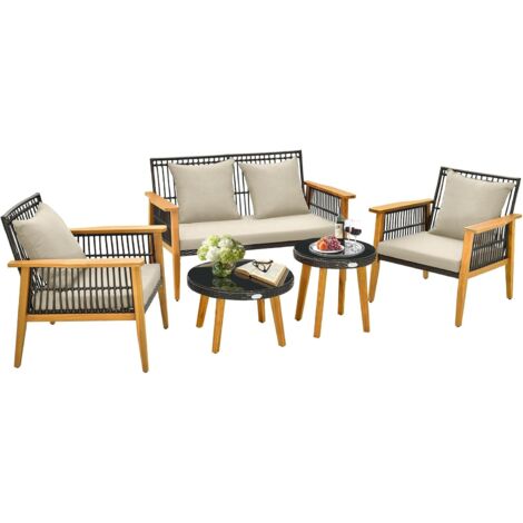 COSTWAY 5-teiliges Rattan Gartenmöbel Set Akazienholz, Gartenbank & 2 Gartenstühle & 2 Couchtische, Sitz- und Rückenkissen, Terrassenmöbel Polyrattan Sitzgruppe für Hinterhof, Poolbereich (1/5)