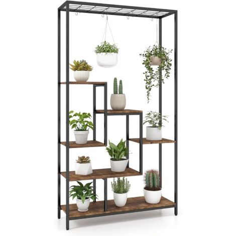 COSTWAY Pflanzenständer 6 Etagen, 180 cm Pflanzenregal Metall mit 10 S-Haken & Gitterablage, Blumenständer Blumentreppen für Balkon, Wohnzimmer, Schwarz