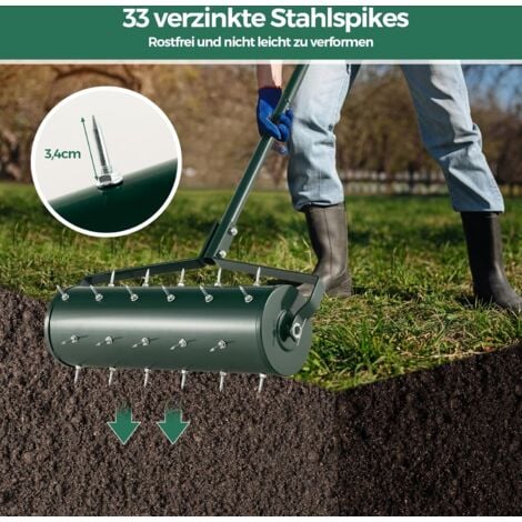 COSTWAY Rasenlüfter Walze manuell, 53 x 130 cm, Rasenrolle mit Stiel