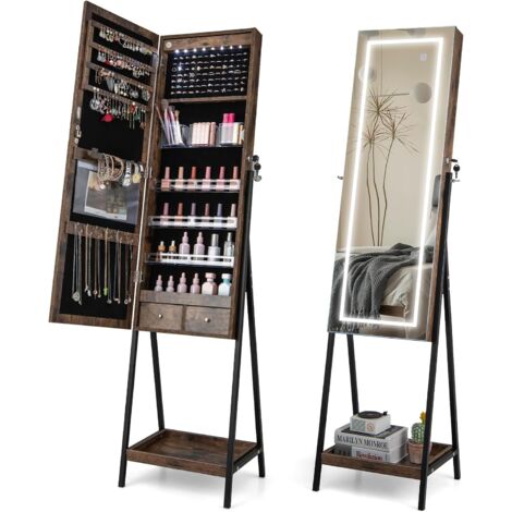 COSTWAY Schmuckschrank mit Ablage, Spiegelschrank abschließbar mit Ganzkörperspiegel, 3 farbigen LED-Lechten & 2 Schubladen, freistehender Schmuck Organizer für Schlafzimmer, Wohnzimmer(Braun) (1/5)