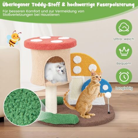 COSTWAY Kratzbaum in Pilzoptik, Katzenbaum mit Katzenhöhle & Sisal-Kratzbrett & große Basis & Spielball, Kletterbaum Teddystoff, Katzen Katzenmöbel Kletterbaum, Katzenkratzbaum Holz, 60x49x59cm, Bunt