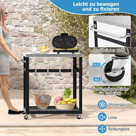 COSTWAY Grillwagen Outdoor, Grilltisch mit 2 Ablagen & 4 Rädern & Griff ...