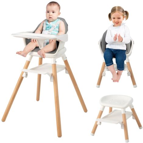 COSTWAY 6 in 1 Babyhochstuhl aus PP & Buchenholz, Babystuhl mit abnehmbarem & waschbarem Tablett, 5-Punkt Sicherheitsgurt, Kunstleder-Sitzkissen, Hochstuhl für Kinder von 6 Monaten- 6 Jahren (Weiß)
