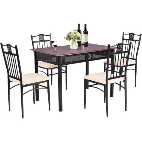 COSTWAY 5 teiliges Esstisch-Set, Essgruppe mit 4 gepolsterten Stühlen, Küchentisch Bistrotisch Esszimmergruppe Sitzgruppe 4 Personen Holz für Küche, Esszimmer (Braun) (1/5)