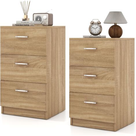 COSTWAY 2er Set Nachttisch mit 3 Schubladen, Nachtschrank für Boxspringbett, Nachtkommode, Nachtkonsole, Beistelltisch für Schlafzimmer, Wohnzimmer, 38 x 35 x 66 cm, Natur