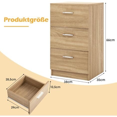 COSTWAY 2er Set Nachttisch mit 3 Schubladen, Nachtschrank für Boxspringbett, Nachtkommode, Nachtkonsole, Beistelltisch für Schlafzimmer, Wohnzimmer, 38 x 35 x 66 cm, Natur
