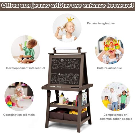 COSTWAY Chevalet 3 En 1 Double Face En Bois De Pin – Tableau Magnétique, Noir Et Blanc, Rouleau Papier – Hauteur Réglable 112-124,5 Cm