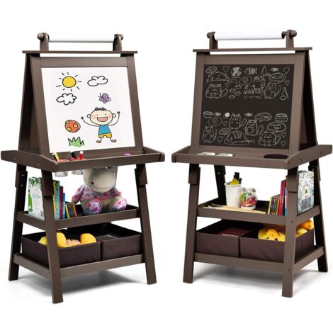 COSTWAY Chevalet pour Enfants 3 en 1 Tableau de Dessin Magnétique Double Faces (Tableau Blanc + Tableau Noir) avec Rouleau de Papier Café