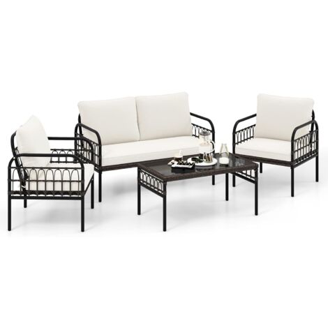 Set Salon Jardin 3 Pièces COSTWAY - Fauteuils En Rotin Et Table Basse Verre - 180kg Charge